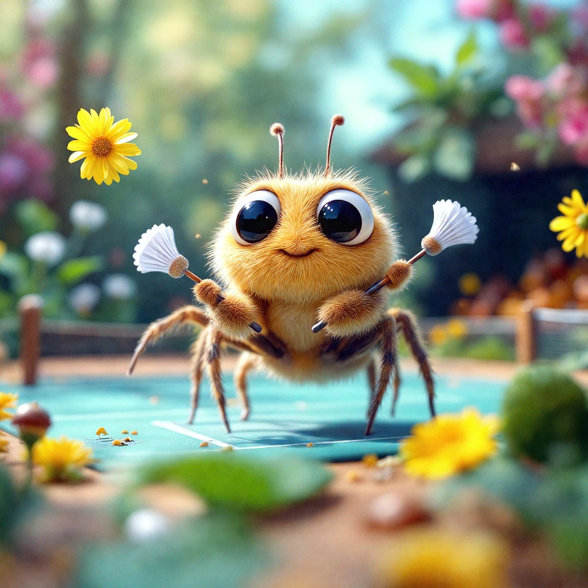 The primary subject of the image is a small, cute, and colorful bee with a tennis racket in its hands. The bee is standing on a tennis court, surrounded by flowers. The setting is an outdoor environment with a tennis court and a field of flowers. The visual style of the image is a digital art or illustration, creating a whimsical and playful atmosphere. The dominant colors in the image are yellow, pink, and white, which contribute to the cheerful and lively mood of the scene.